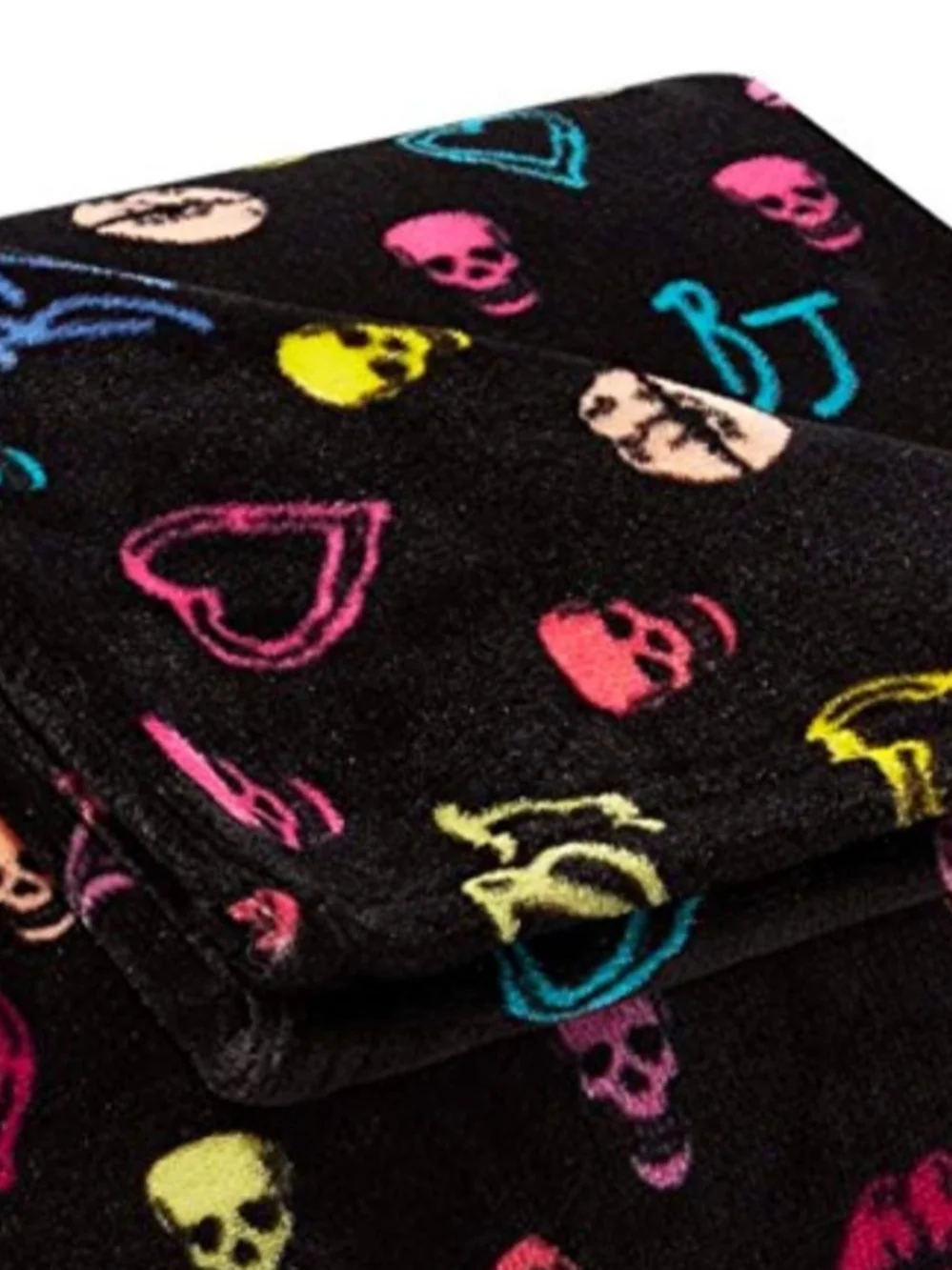Betsey Johnson Black Plush Blanket with Neon Skulls & Hearts